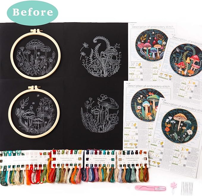 REEWISLY 4pcs of Embroidery Starter kit with Patterns and Instructions, DIY Adult Beginner Cross Stitch Kits, Including 2 Plastic Embroidery Rings, 1 Pair of Scissors, Colored Threads and Needles