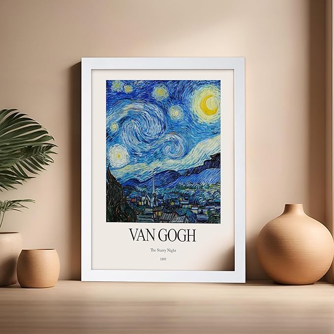Monem Art Vintage Van Gogh Poster - Retro Impressionist Print - The Starry Night, Moon, Stars, Abstract - Gift for Artist, Friend - Wall Decor for Home, Office, 16x20 White Framed