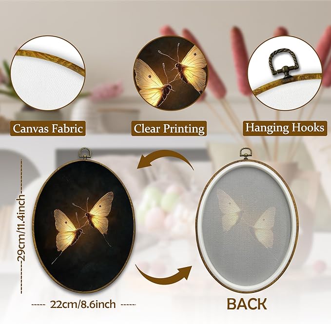 Mcehtle Vintage Butterfly Wall Art Decor, Dark Moody Cottagecore Moth Insect Oval Framed Canvas Prints 8.6x11.4, Neutral Farmhouse Wall Hanging Artwork Decorations for Gallery Home Bedroom Living Room