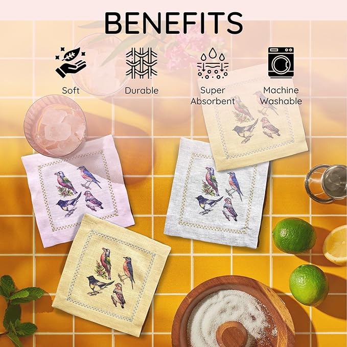 Cocktail Napkins Set of 6, 6x6 inch, 100% Linen, Printed Animal Pattern, Reusable & Washable Cloth Coasters for Beverages, Hosting, Gifting & Everyday Use (Four Birds - Colorful)
