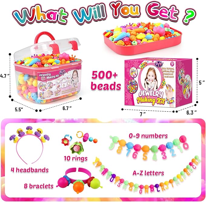 FUNZBO 520+ Snap Pop Beads - Jewelry Making Kit for Kids, Arts and Crafts for Kids Ages 4-8, Toys for 3 4 5 6 Years Old Girls Christmas Birthday Gifts Ideas, Bracelet Necklace Ring Snap Set for Girls