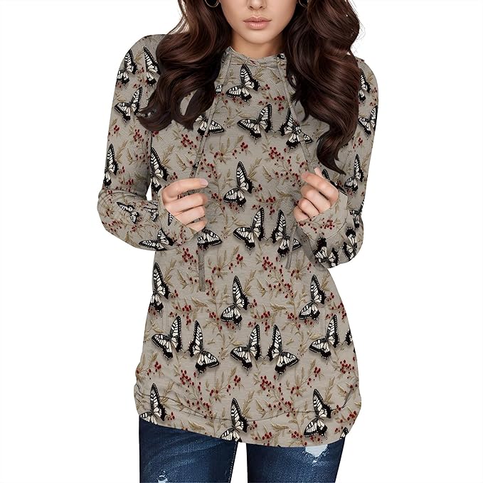 Hooded Sweatshirt Women Fall Butterfly Sweatshirts Lightweight Long Sleeve Pullover Tops Trendy Outfits Plus Size