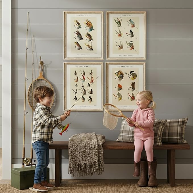 DREAM BIG PRINTABLES Vintage Fly Fishing Decor (Set of 4) - Unframed - 11x14 | Great Gift for Fisherman - Reproductions of Vintage Fishing Lure Art Prints - Rustic Decor