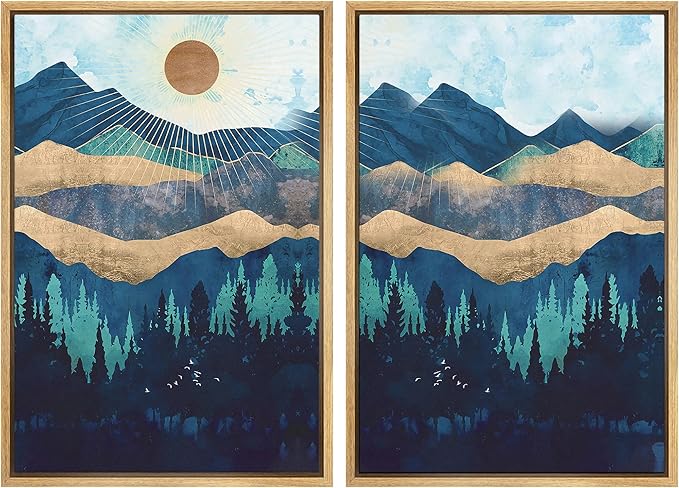 SIGNWIN Framed Canvas Print Wall Art Set Gold Blue Geometric Mountain Forest Landscape Nature Wilderness Illustrations Modern Art Scenic Colorful for Living Room, Bedroom, Office - 24"x36"x2 Natural