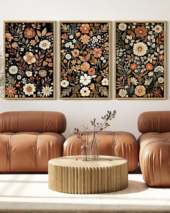KUVIOKE Orange Vintage Flower Framed Wall Art Boho Floral Wall Decor Retro Wildflower Modern Art Prints Bedroom Living Room Home Decor 16x24in (Natural Framed)