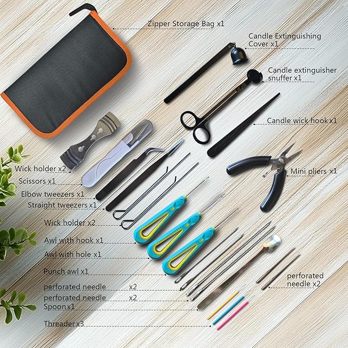 DiaWiew Candle Making Kit for Adults Beginners with Storage Bag, Candle Mold Punching and Wick Threading Tool, Including a Punching Needle with Hook and Large Eye, and Bracket for Fixing Candle Wicks