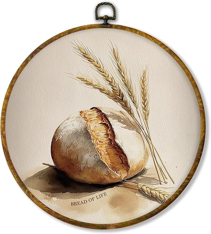 Hiuwevt Bread of Life Christian Round Wall Art Decor, Bible Verse Bread Framed Canvas Prints, Religious Scripture Round Wall Hanging Decor for Bakery Dining Room Kitchen Decorations, 10x10 Inches