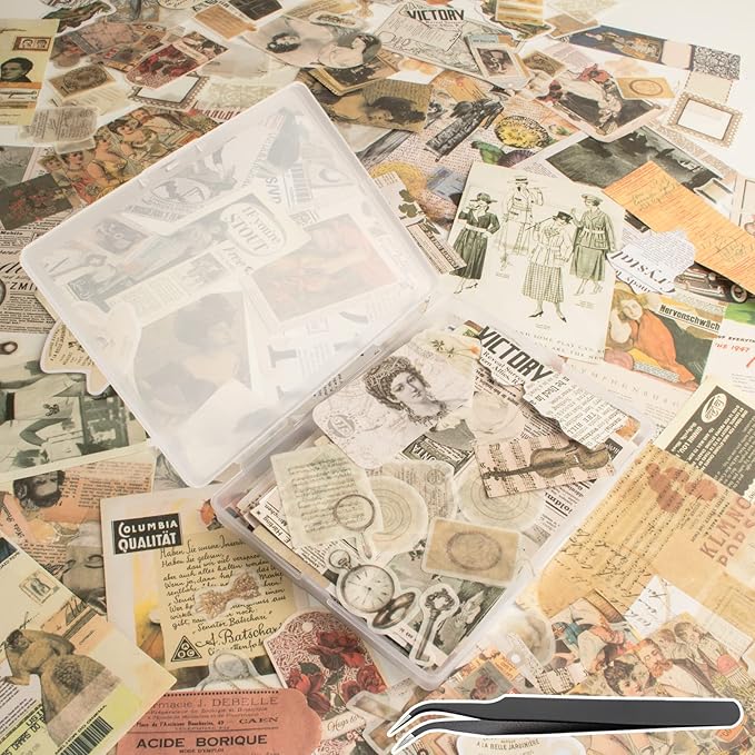 200Pcs Vintage Scrapbook Stickers, Aesthetic Junk Journal Stamping Supplies Kit, Scrapbooking Ephemera Washi Paper for Bullet Journaling Planners Diary Collage