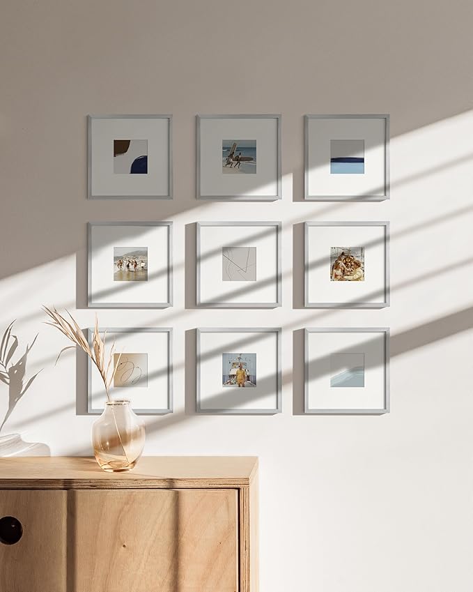 HAUS AND HUES 8x8 Silver Metal Picture Frames Matted to 4x4 - Premium Aluminum with Hanging Hardware, Shatterproof Plexiglass - Ideal for Home or Office (8x8 in, Silver, Set of 9)