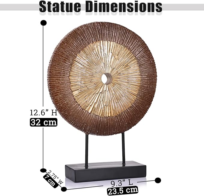 oliruim 12" Tall Abstract Brown Gold Round Sculpture - Unique Wood Color Home Decoration for Above Cupboard Decor, Living Room Coffee Table, Console, Office, Entrance, Table Centerpieces (Brown Gold)