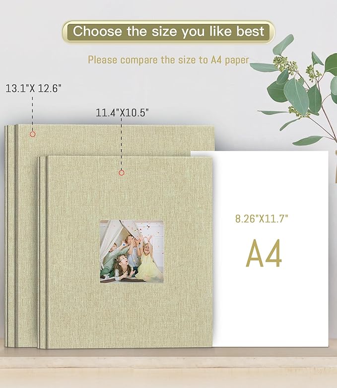 popotop Photo Album Self Adhesive with Picture Display Window,60 Pages DIY Scrapbooking Supplies Kit for 4x6 8x10 Picture,Linen Cover Memory Book for Baby Wedding, with Scraper and Metallic Pen
