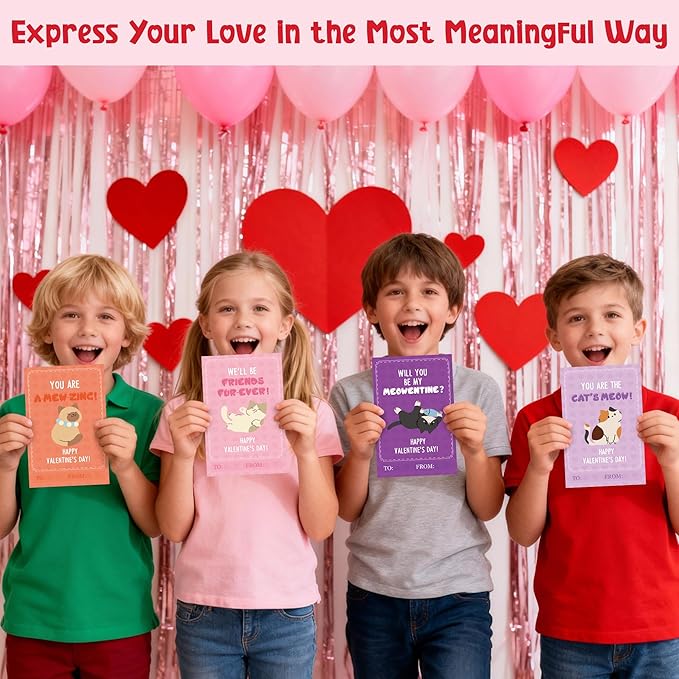 TICIAGA 72pcs Valentine's Day Cartoon Cat Animal Greeting Card with Envelop and Stickers for Kids, Cute Catling Pet Notecard Exchange Gift for Boys and Girls School Classroom Valentines Party Favors