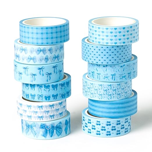 Coquette Blue Washi Tape - 12pcs Watercolor Blue Bow Cherry Scrapbook Colored Masking Painters Decorative DIY Crafts Artist Tape Set School Office Journaling Kids Art Supplies Gift Wrapping