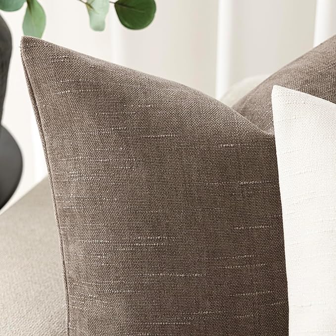 Foindtower Pack of 2 Soft Textured Chenille Throw Decorative Pillow Covers Square Accent Solid Cushion Cover Cozy Farmhouse Pillow Case with Zipper for Couch Sofa Bedroom Living Room 26x26 Inch, Taupe