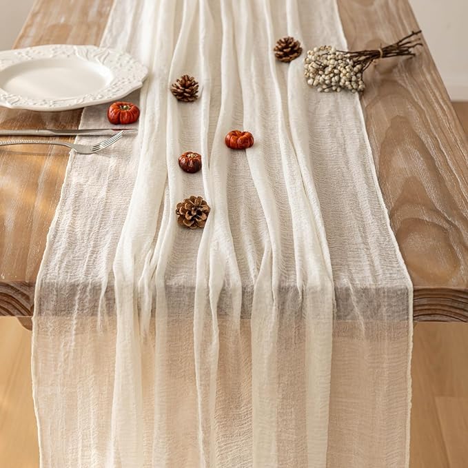Keketoarrange 10pcs Ivory Gauze Rustic Cheesecloth Table Runner 120 Inch 10 FT for Wedding Baby Shower Bridal Shower Birthday Engagement Garden Outdoor Party Long Sheer Boho Decorations