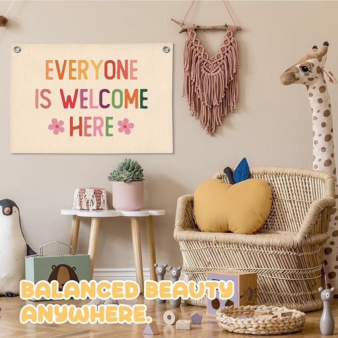 Girls Room Wall Decor,Everyone Is Welcome Here Linen Canvas Banner,Boho Classroom Wall Hanging Flag, Therapy Office Calming Corner Decor,Kids Room Playroom Wall Art,Mental Health Decor,20x30