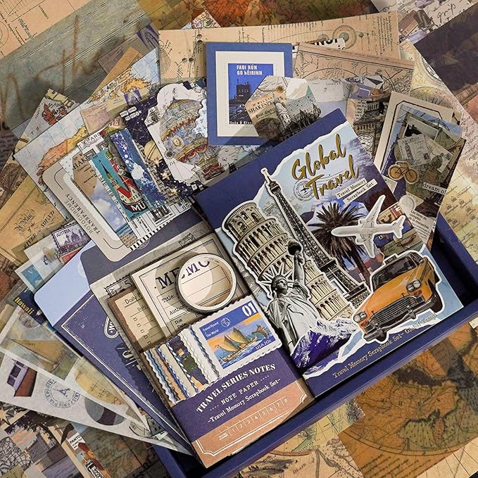 Funto Scrapbooking Kit(154 PCS), Travel Meory Series-Global Travel, Perfect for Bullet Scrapbooking Materials, Planner DIY Arts Craft Collage