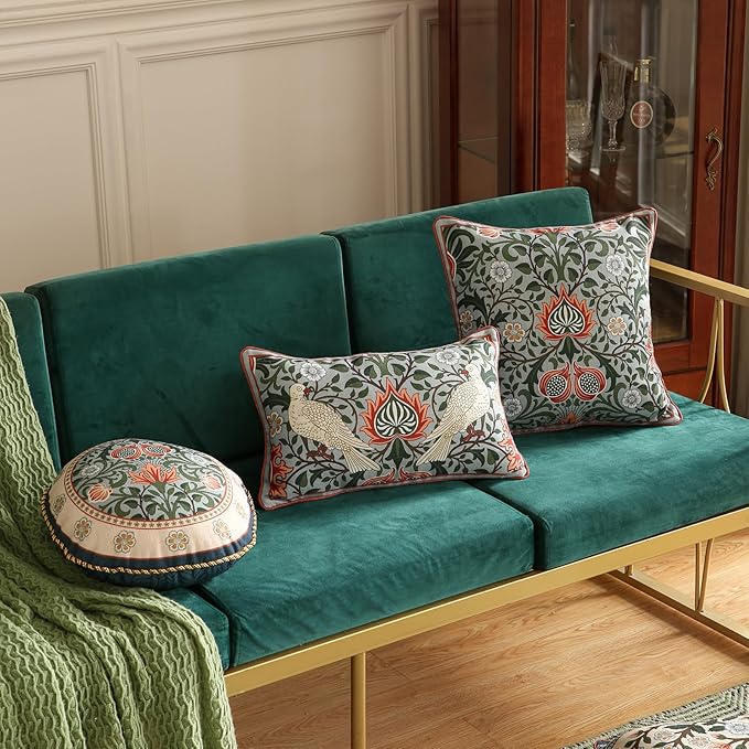 ISAENNE Design Retro Elegant Linen Throw Pillow Covers Set of 4, Blue Gray Floral Pattern Cushion Covers Decor Lumbar Round Square Pillowcases for Bed,Living Room,Outdoor,Car