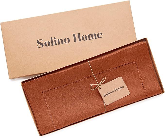 Solino Home Linen Cinnamon Table Runner 132 Inches Long - 100% Pure Linen Extra Long Table Runner 14 x 132 Inch - Classic Hemstitch