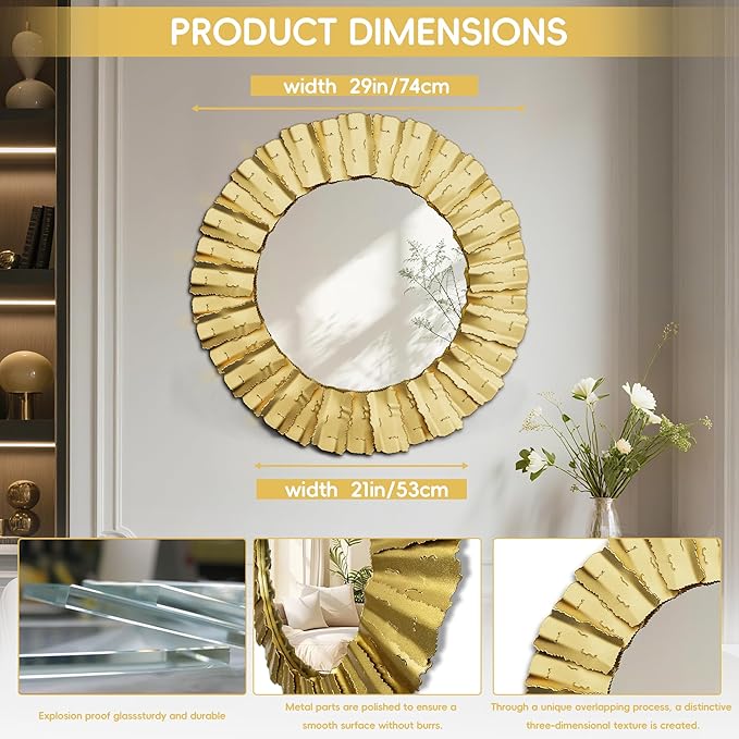30 Inch Decorative Wall Mirror, Gold Mirrors for Wall Decor, Round Metal Wall Art Mirror, Large Wall Mirrors for Living Room,Bedroom, Bathroom, Entryway