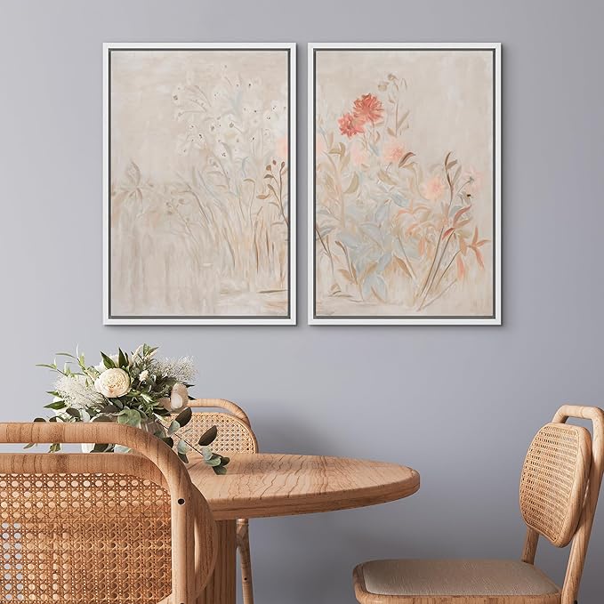 SIGNWIN Framed Canvas Print Wall Art Set Soft Pastel Wildflower Botanical Floral Illustrations Modern Art Scenic Colorful for Living Room, Bedroom, Office - 16"x24"x2 White