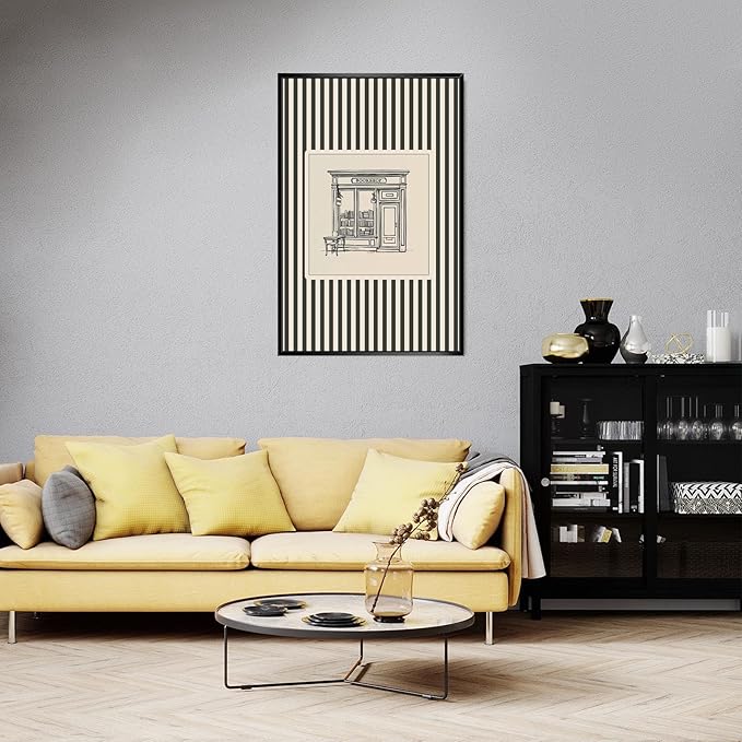 Vintage Bookshop Poster Elegant Black Ink Bookstore Sketch on Cream Striped Wall Art for Booker Lovers Aesthetic Room Decor Prints 24X36 in Wrapped Framed