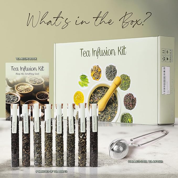 Loose Leaf Tea Sampler Gift Set Box – 8 Unique Flavors with Stainless Steel Infuser | Vanilla Chai, Jasmine, Lemon Honey & More | Tea Gift Set for Women and Men - Set of 9