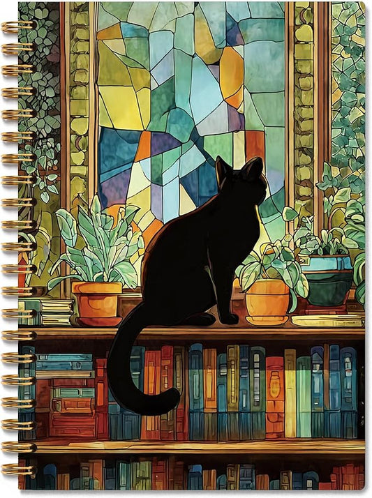 Bookish Black Cat Notebook, Cat Mom Lady Lovers Gifts, Reading Journals for Book Lovers, Bookworm Reader Gifts, Spiral Notebook Journal, 5.5x8.3 Inch