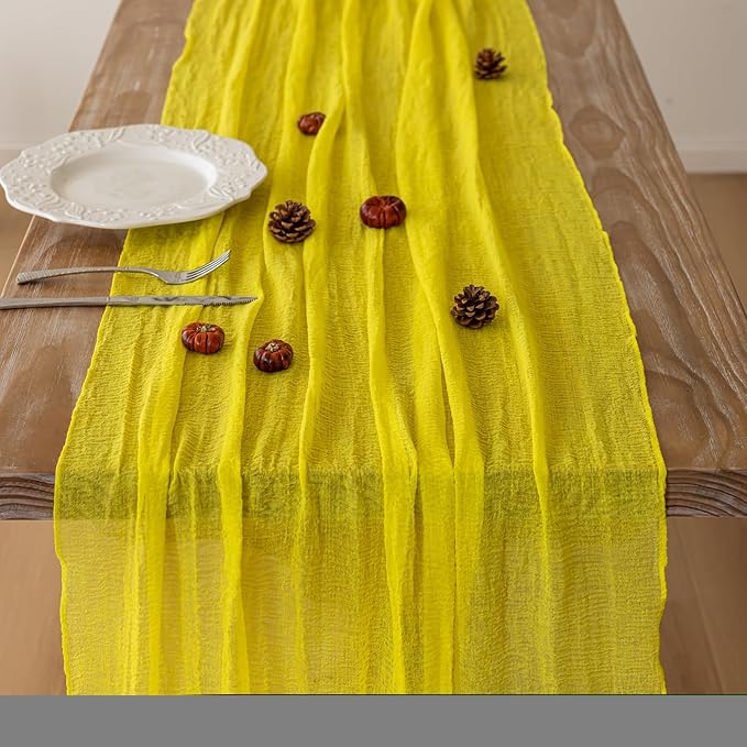 Keketoarrange Yellow Easter Table Runner Rustic Gauze Cheesecloth Table Runner 120 Inch 10 FT for Wedding Baby Shower Bridal Shower Engagement Garden Party Long Sheer Spring Summer Home Decorations