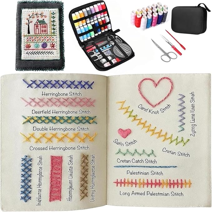 Embroidery kit for Beginners | All-in-One Portable Sewing Kit with 106 Stitch Tutorials & Reusable Linen Practice Book | Complete Embroidery Sampler Book for DIY & Craft Lovers