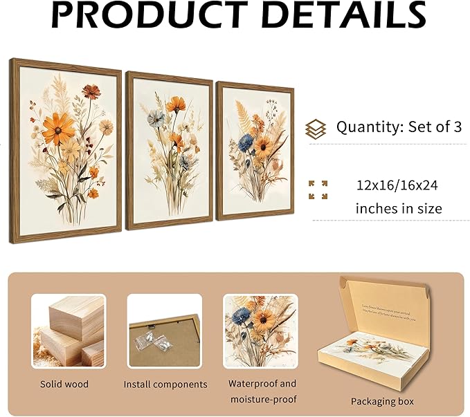 Vintage Wildflower Framed Canvas Wall Art Set of 3 – Rustic Botanical Floral Pictures Prints for Living Room Bedroom Bathroom, Retro Boho Wall Decor for Home Aesthetic 12x16 inch