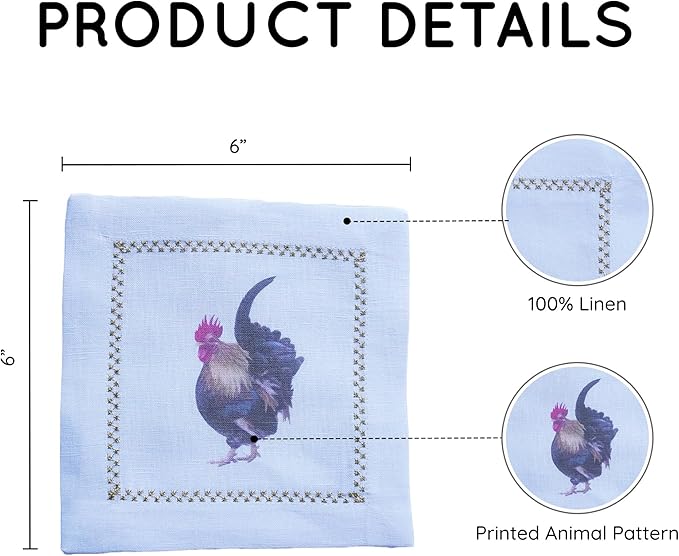 Cocktail Napkins Set of 6, 6x6 inch, 100% Linen, Printed Animal Pattern, Reusable & Washable Cloth Coasters for Beverages, Hosting, Gifting & Everyday Use (Rooster)