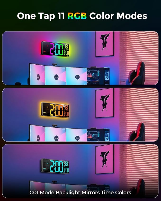 16.5" Large Digital Wall Clock with BT Sync, RGB Lights with 11 Scenes Mode Remote Control, Big LED Clock with Dual Alarms, Auto DST, Temperature for Classroom Gaming