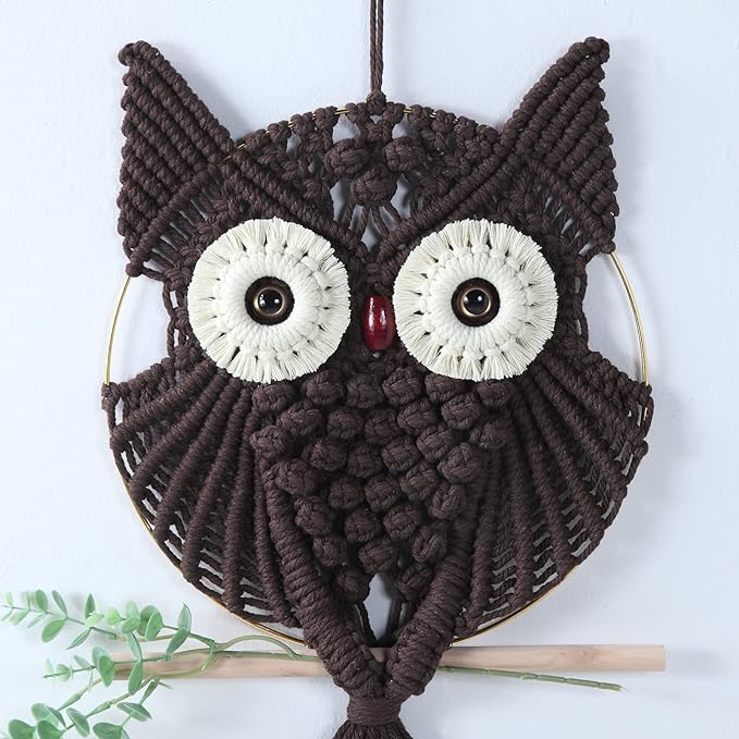 MVSUTA Owl Chocolate Cotton Handmade Macrame Wall Hanging Tapestry Home Decor Art and Bronze Craft Wonderful Decoration Woven Boho Ornament for Office Bedroom Apartment Living Room Nursery Gallery,1pc