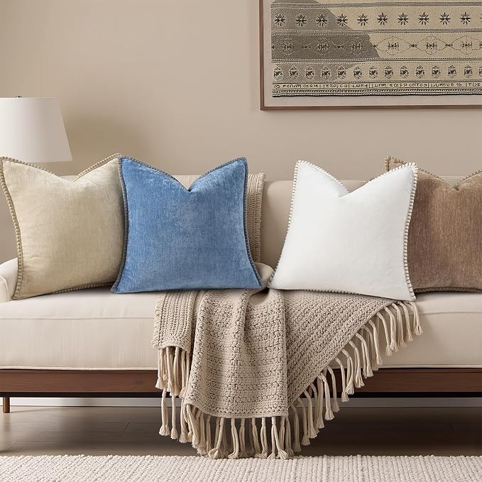 decorUhome Spring Chenille Soft Throw Pillow Covers 18x18 Set of 2, Farmhouse Velvet Neutral Decorative Pillow Covers with Stitched Edge for Couch Sofa Bed Home Decor, Brown