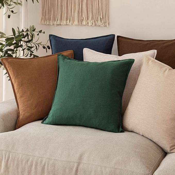 Foindtower Set of 2, Decorative Linen Soild Throw Pillow Covers Soft Accent Euro Cushion Case Farmhouse Neutral Pillowcase for Chair Couch Sofa Bedroom Living Room Home Decor 22 x 22 Inch Pine Green
