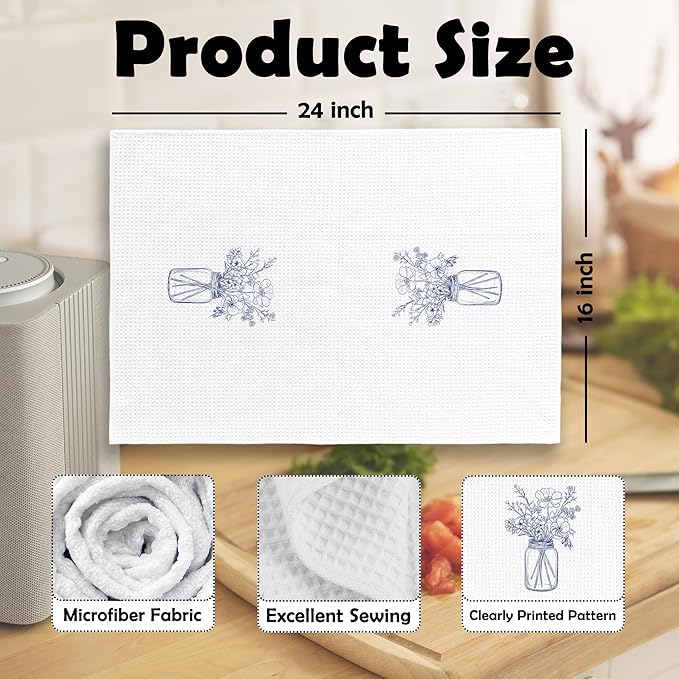Bohemian Bouquet Kitchen Dish Towels Set of 2, Minimalist Botanical Still Life Decor for Bathroom, Modern Aesthetic Fine Line Floral Hand Towels Kitchen Tea Towels Decorations, 16x24inch