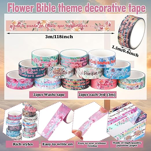 Janlaugh 24 Rolls Christian Washi Tape Gifts Bulk Religious Inspirational Scripture Supplies Bible Verse Tape for Bible Study Journaling Crafting Christmas Stocking Stuffers Gift(Spanish)