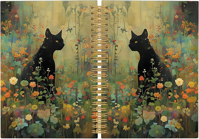 Vintage Black Cat Journal Notebook - Retro Cottagecore Floral Notebooks College Ruled for Work School, Gifts for Cats Lovers Women, Cat Office Supplies, Hardcover Spiral Notebook 5.5"x8.3"