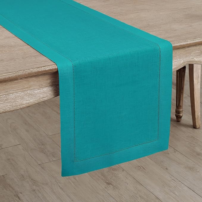 Solino Home Linen Teal Table Runner 144 Inches Long - 100% Pure Linen Extra Long Table Runner 14 x 144 Inch - Classic Hemstitch