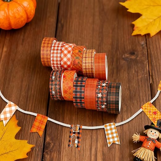 12 Rolls Autumn Washi Tape Set, Thanksgiving Theme Grid Pumpkin Maple Fall Decorative Tape for Bullet Journal, Scrapbooking, Planner, DIY Wrapping Crafts 16.4FT
