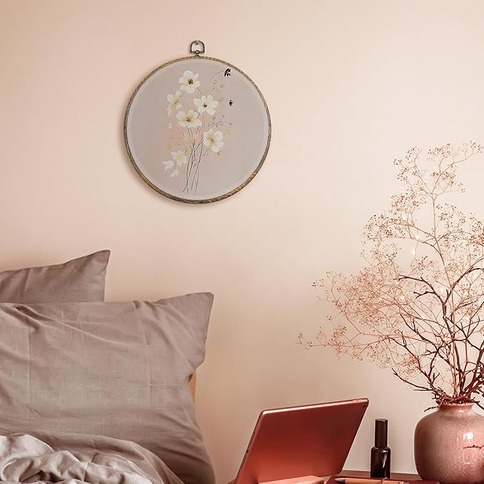 FUGWN Pink Floral Botanical Round Wall Art Decor Framed, Cottagecore Wildflower Botanical Canvas Artwork Prints, Retro Pink Floral Wall Hanging Decorations for Home Bedroom Living Room, 10x10 Inch