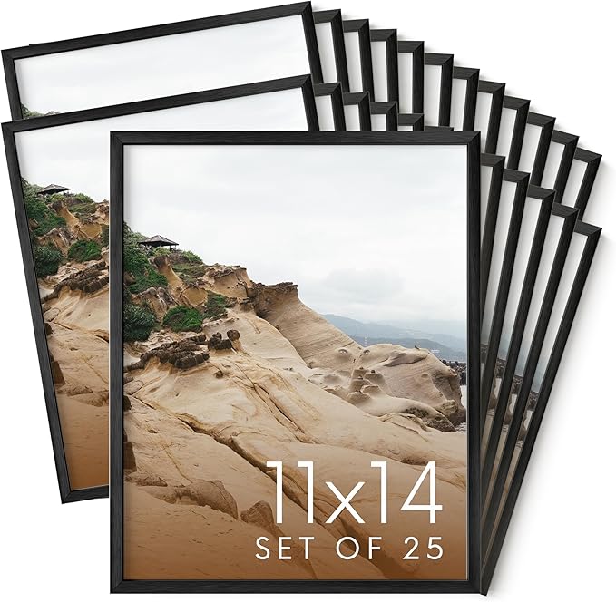 HAUS AND HUES 11x14 Black Metal Picture Frames - Features Premium Aluminum, Vertical & Horizontal Hang, Shatterproof Plexiglass - Perfect for Home, Room, Office (11x14 in, Black, Set of 25)