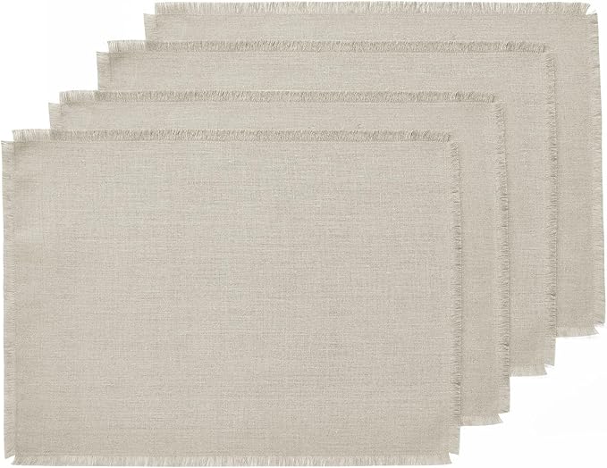 Solino Home Linen Natural Placemats Set of 4-100% Pure Linen Placemats 14 x 19 Inch for Spring, Easter - Fringe
