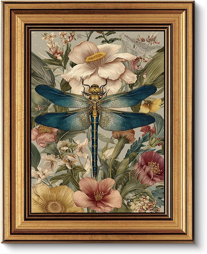 okudolit Gold Framed Dragonfly Canvas Wall Art Print Blue Insect Botanical Floral Painting Vintage Flower Picture Artwork Rustic Retro Nature Decor for Living Room Bedroom Office Home Decor 8x10in
