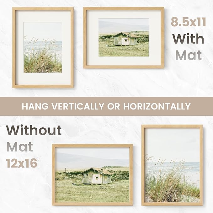 12x16 Picture Frame, USA-Sourced Natural Beech Wood Photo Collage Frame with HD Tempered Glass, Modern Simple 12 x 16 Wooden Frame Matted to 8.5x11, Vertical & Horizontal Wall Hanging Display