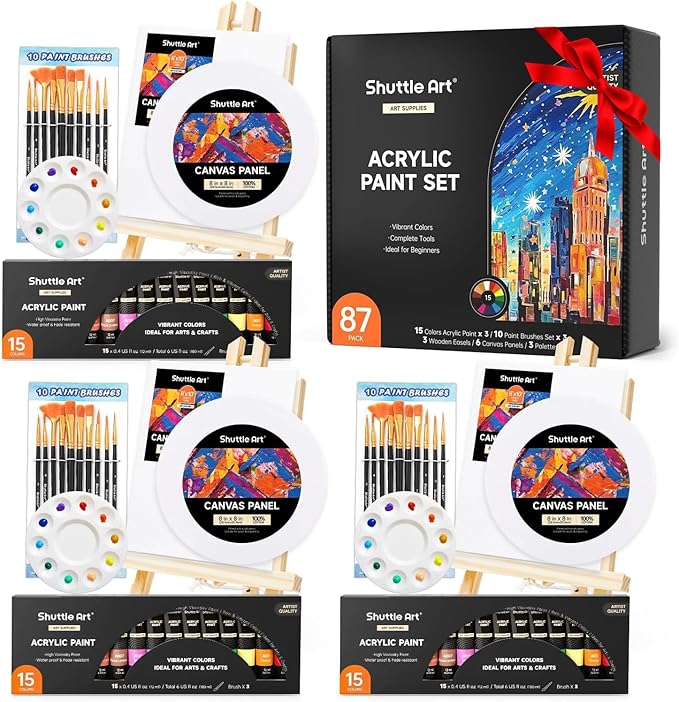 Shuttle Art 87 Pack Acrylic Paint Set, Painting Kit with 3 Pack of 15 Colors Acrylic Paint, 3 Sets of Wooden Easels, Canvas, Brushes & Palettes, Art Painting Supplies Kit for Adults Kids Beginner