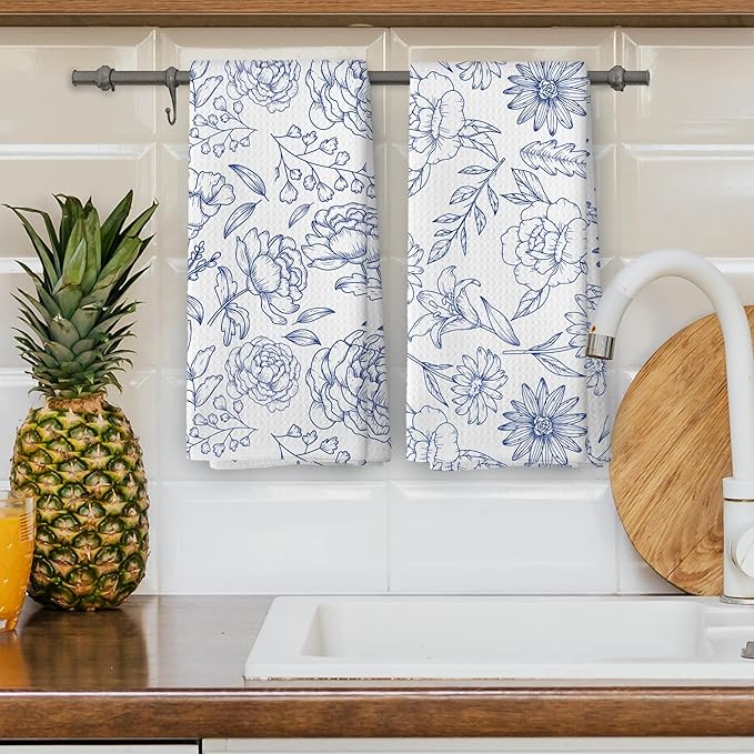 Vintage Blue Botanical Floral Kitchen Dish Towels, Rustic Cottagecore Elegant Flower Plant Midcentury Modern Boho Hand Towels Bathroom Kitchen Tea Towels Decorations, 16x24inch Set of 2