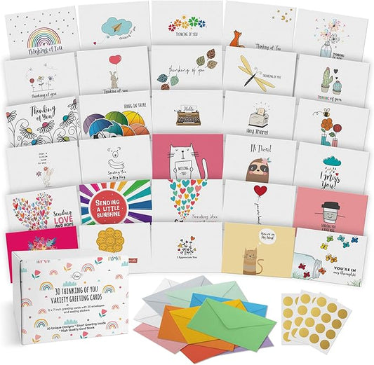 Dessie 30 Unique Thinking Of You Cards With Greetings Inside. Large Greeting Cards Boxed Set. 30 Different Designs - No Repetition. Assorted Color Envelopes, Gold Seals, Storage Box.