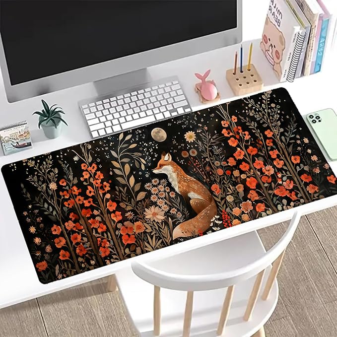 Fox Moonlit Floral Gaming Mouse Pad, Office Desk Mat, Anti-Slip Rubber Base Cool Aesthetic Mouse Pads for Computer Laptop Keyboard School Home Desktop Gamer Home Accessories Decor 31.5" x 11.8"